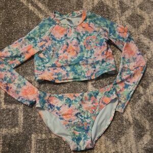 Cat & Jack Floral Long Sleeve Bikini Set - Blue and Pink